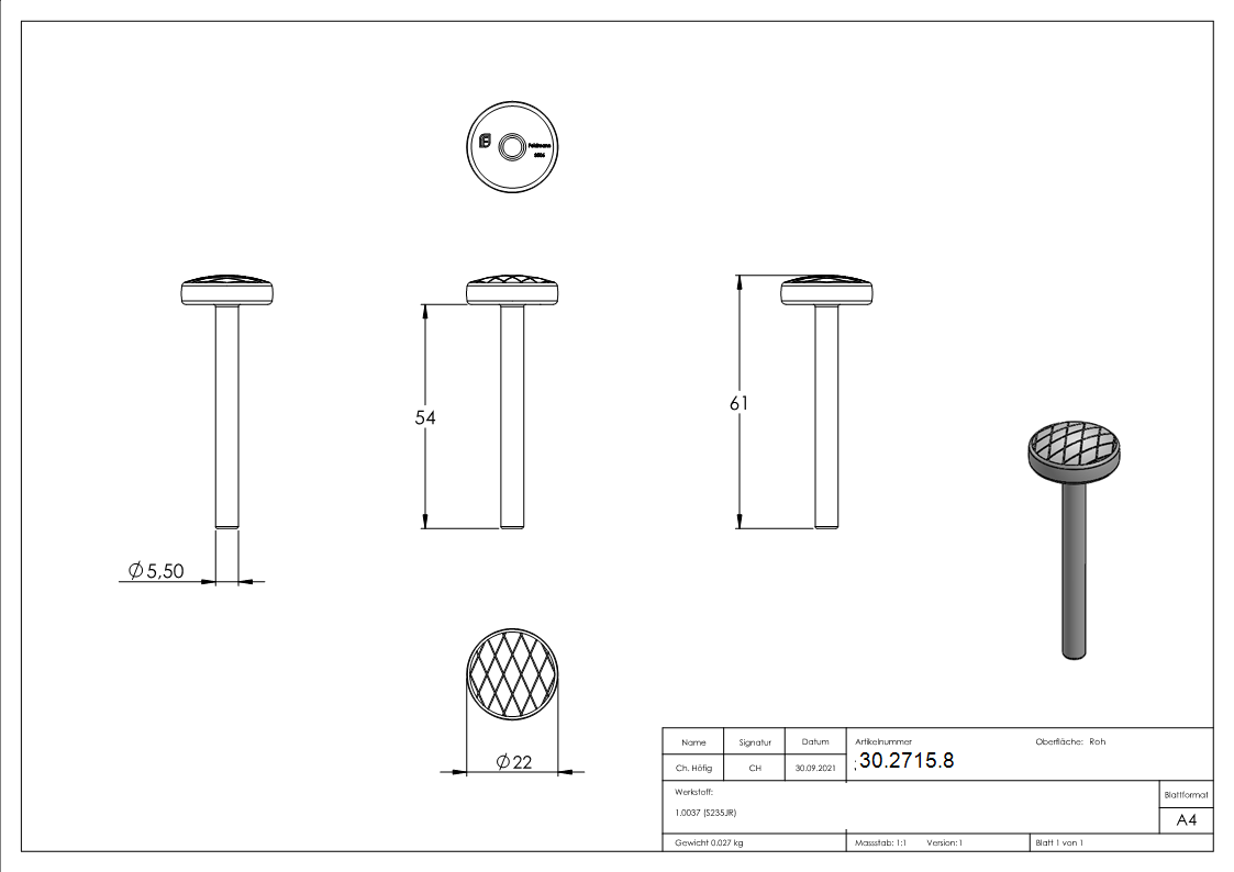 Boulon à tête sphérique Ø 5/20 mm | heavy duty | acier S235JR, brut