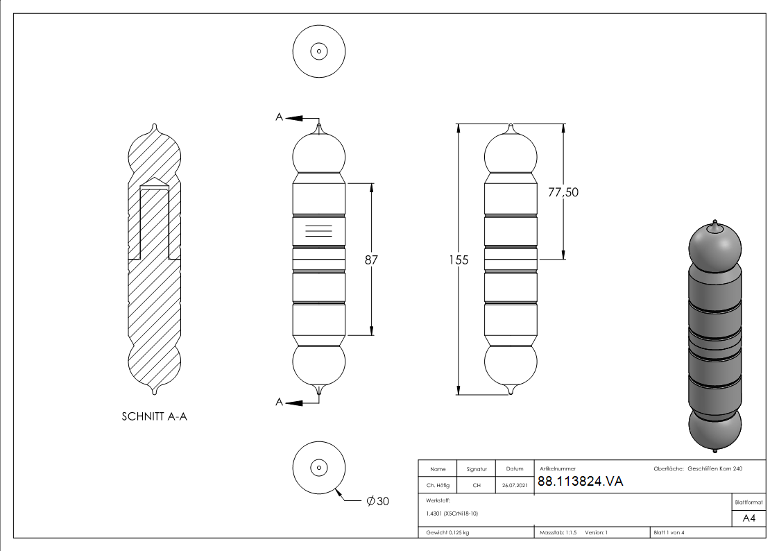 VA - charnière de portail lisse 30mm mandrin 13mm