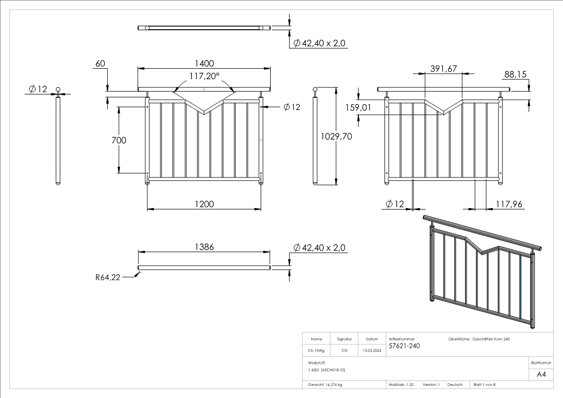 Grille de parapet française, largeur : 1200mm, V2A