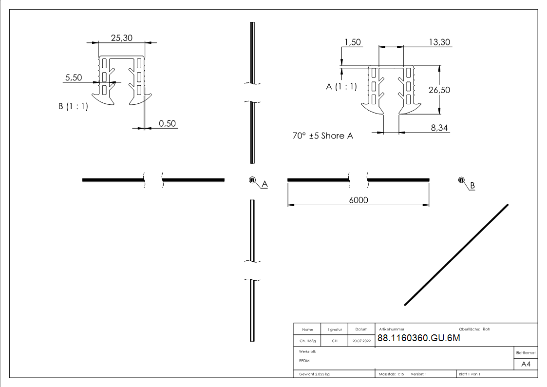 Joint de coin verre 8,00 - 10,76mm, pour rainure 24 x 24mm, longueur 6m, EPDM