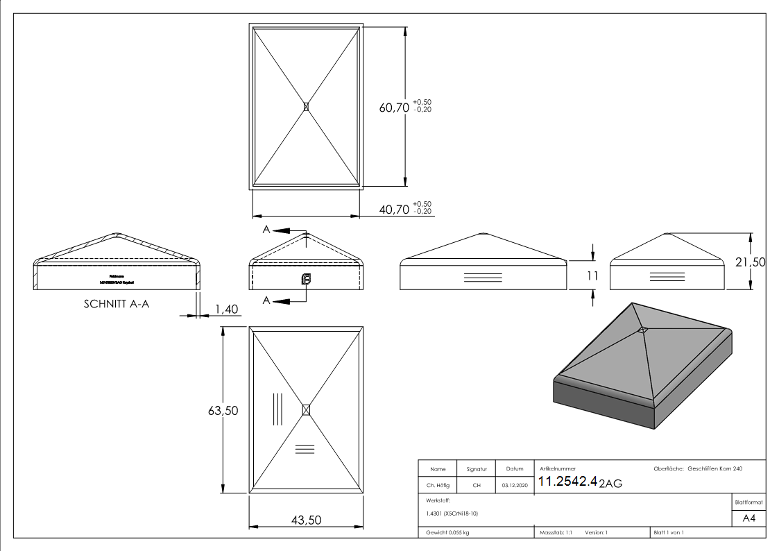 Couvercle de poteau pour tube carré : 60x40 mm | V2A