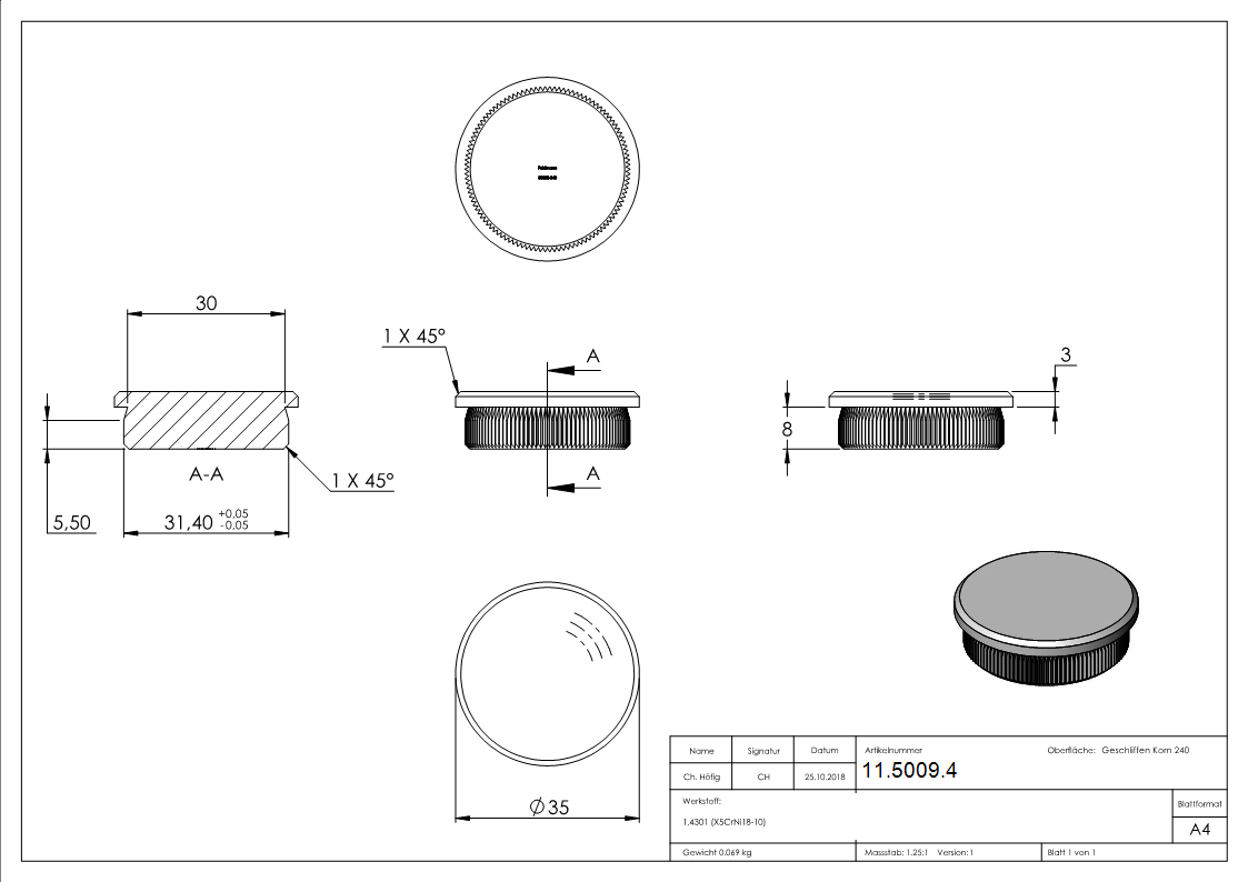 Bouchon plat pour Ø 35,0x2,0 mm V2A matériau plein