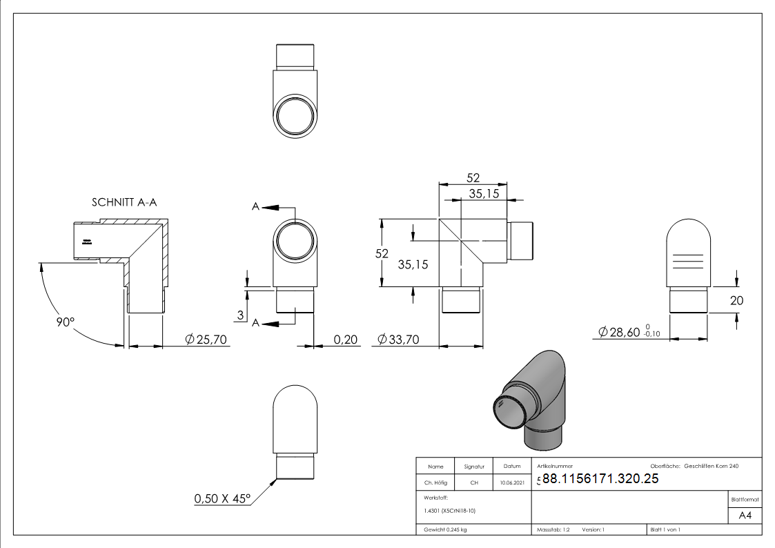 Pièce d'angle 90°, pour tube 33,7 x 2,5mm