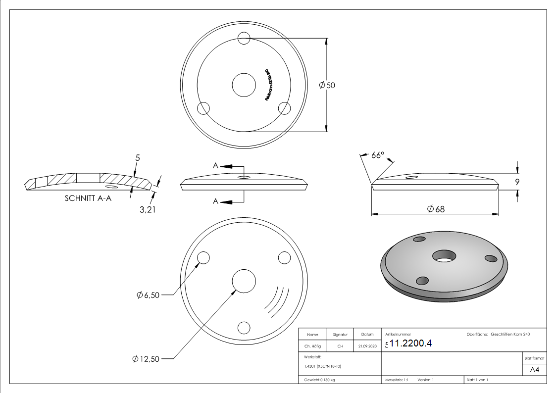 Plaque d'ancrage | Ø 68 x 5 mm | courbée | avec trou de centrage : Ø 12,5 mm | V2A
