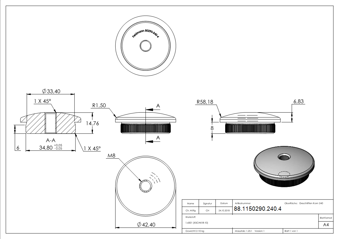 Bouchon, pour tuyau 42,4 x 4,0mm, V2A