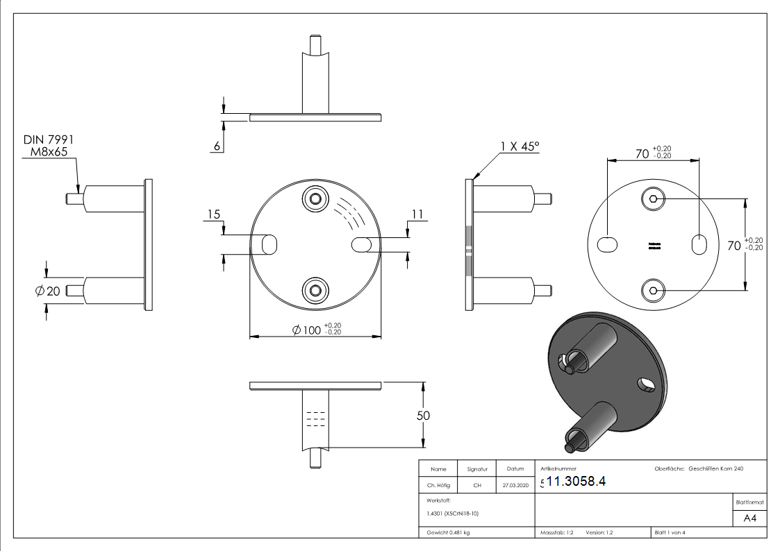 Fixation murale pour tube rond Ø 48,3 mm V2A
