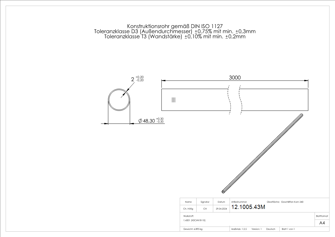 Tube rond Ø 48,3x2,0 mm V2A á 3 m