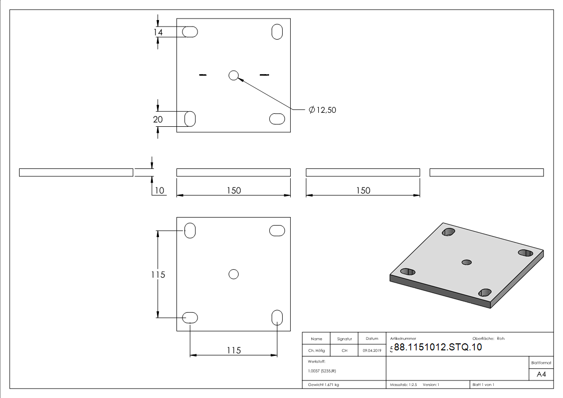 Plaque d'ancrage 150 x 150 x 10mm