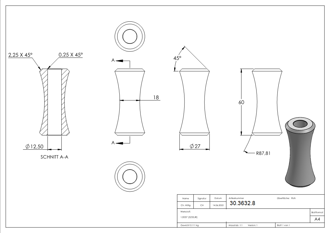 Manchette décorative | Dimensions : 27x60 mm | Trou : Ø 12,5 mm | Acier S235JR, brut