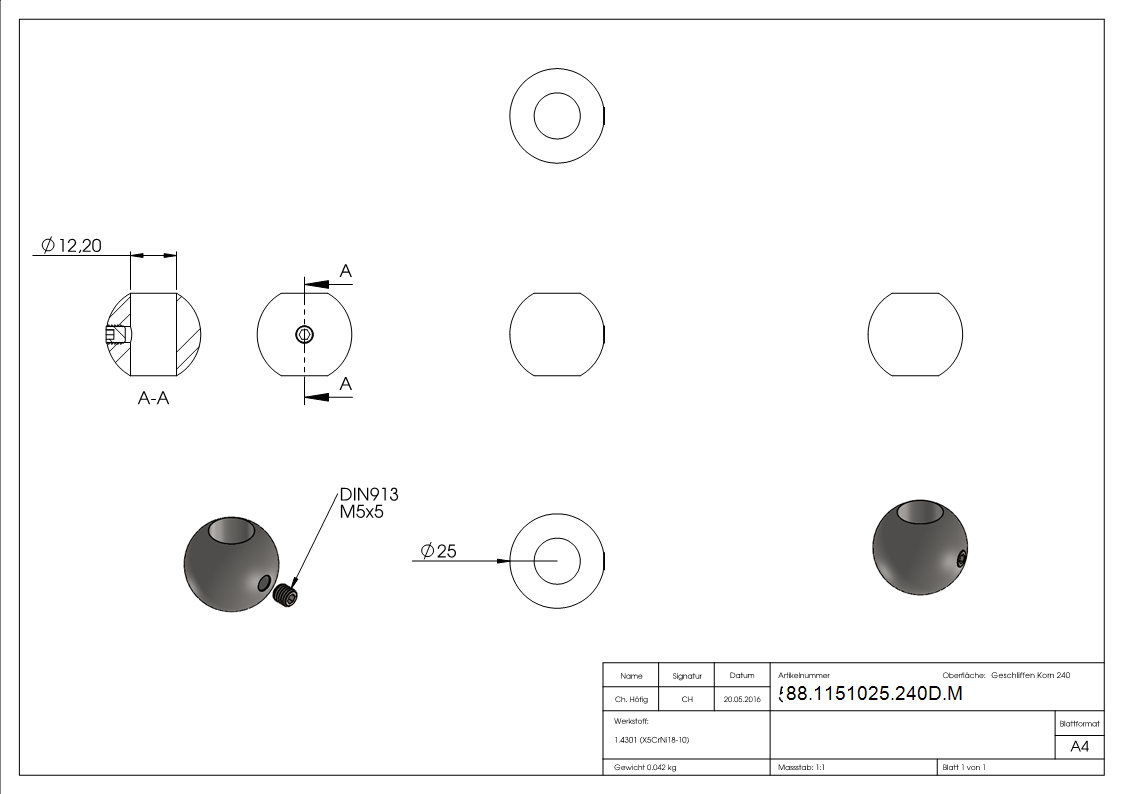 Boule solide Ø 25mm avec DB 12,2mm et Madenschr., V2A