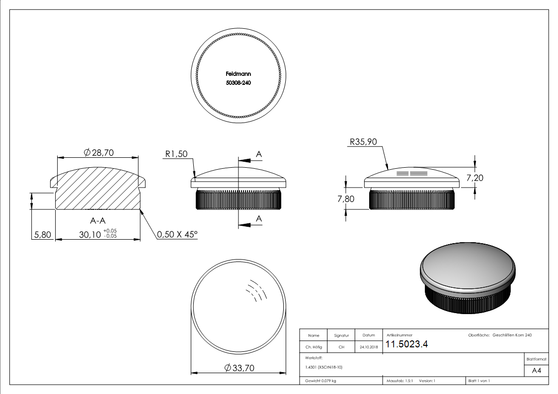 Bouchon légèrement bombé V2A matériau plein pour Ø 33.7x2.0 mm