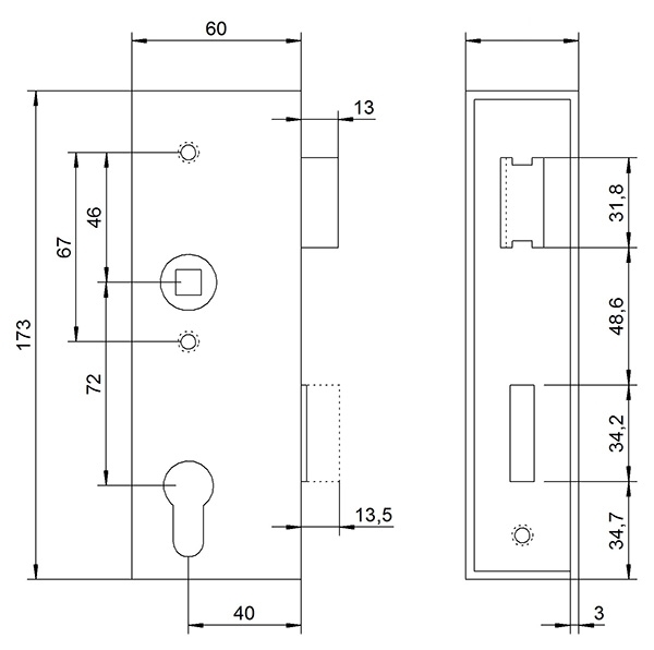 Boîtier de fermeture | Dimensions : 173x60x30 mm | Mandrin : 40 mm | Acier (brut) S235 JR