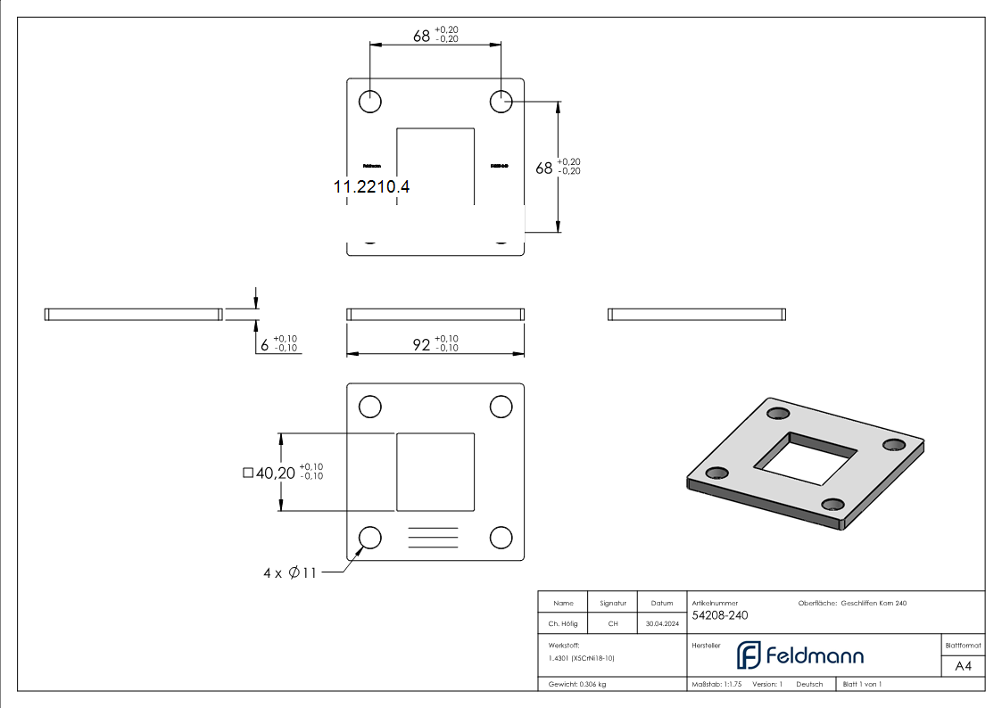 Plaque d'ancrage | dimensions : 92 x 92 x 6 mm | avec trou de centrage : 40,2 x 40,2 mm | V2A