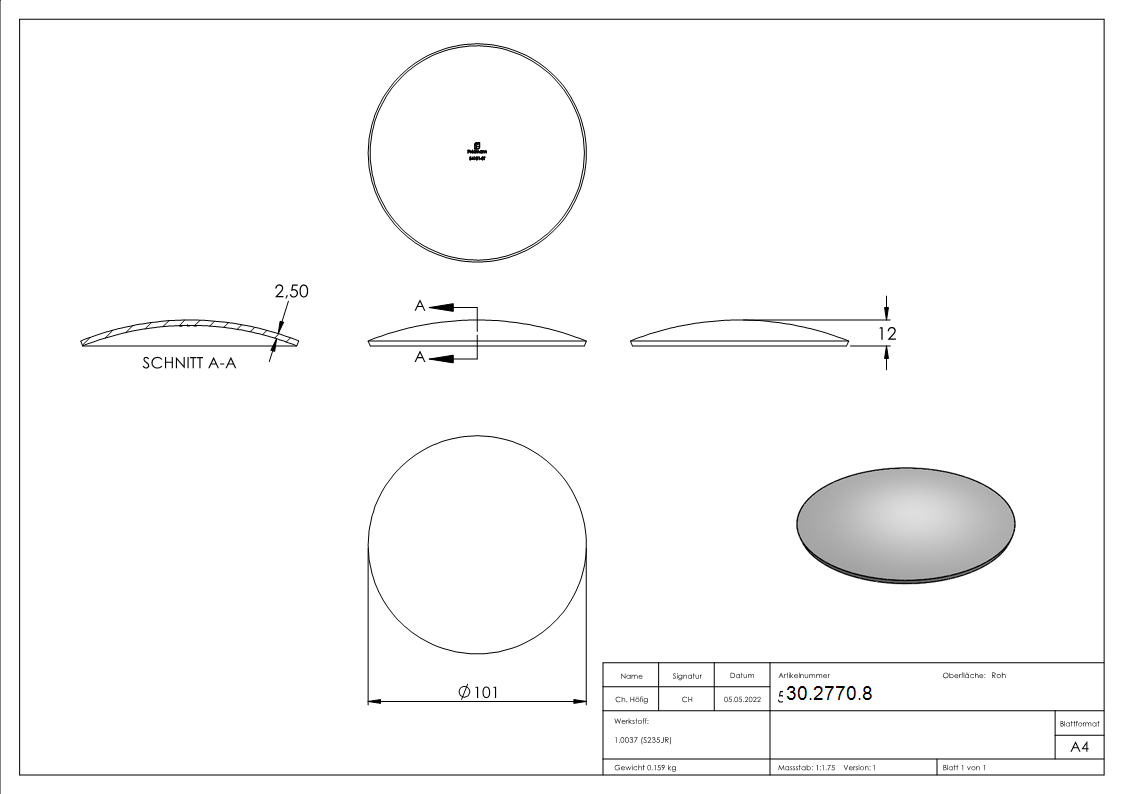 bouts bombés | bouts de tube | Ø 101.0x2.5 mm | acier S235JR