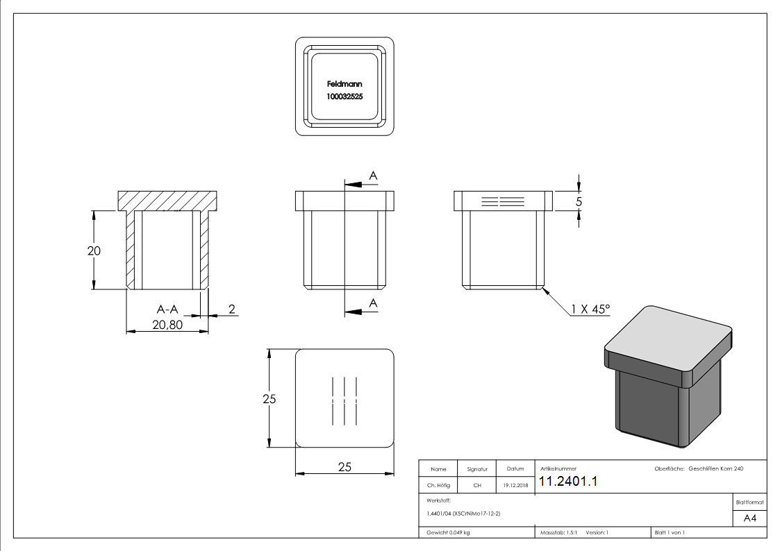 Capuchon d'insertion pour collage pour tube 25x25x2,0 mm V4A