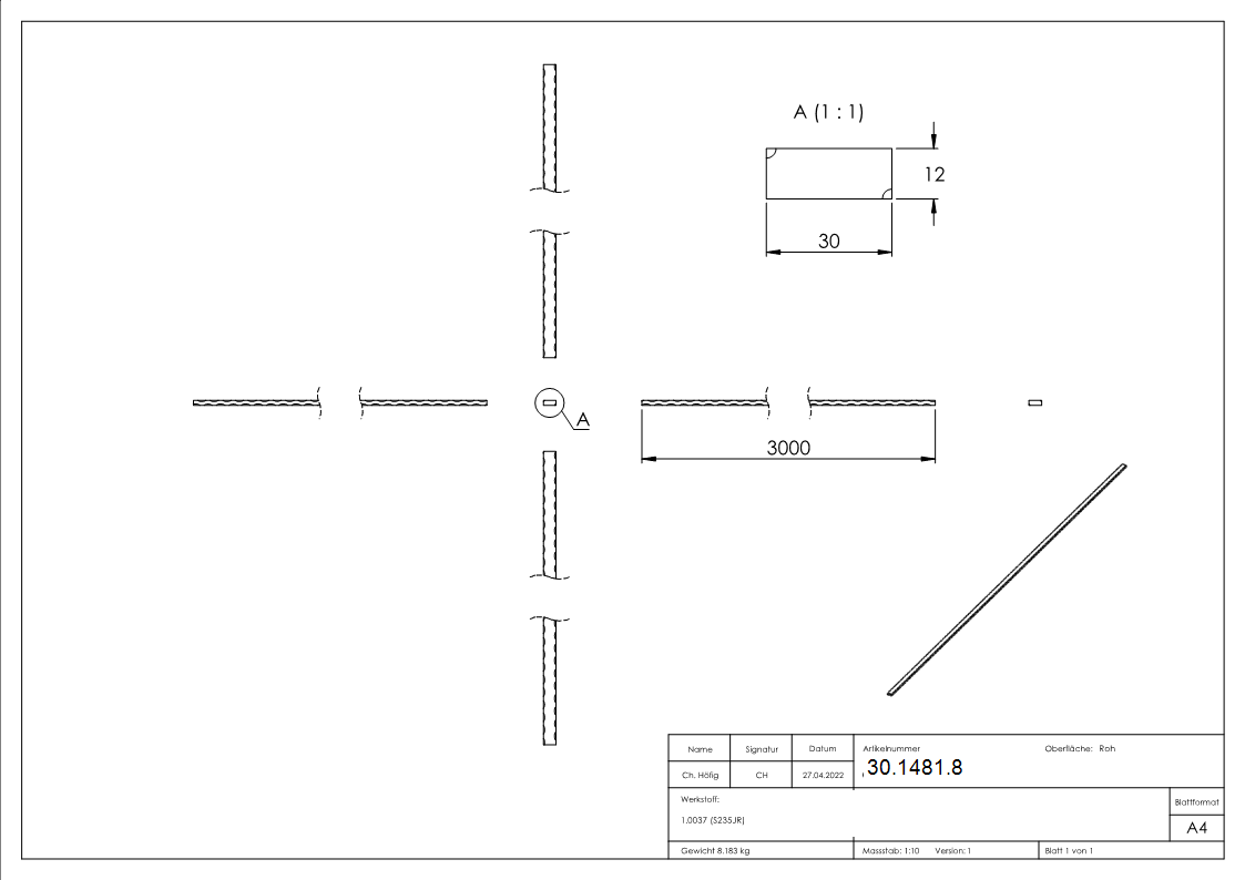 Fer plat | 4 bords martelés | Matériau : 30x12 mm | Acier (brut) S235JR