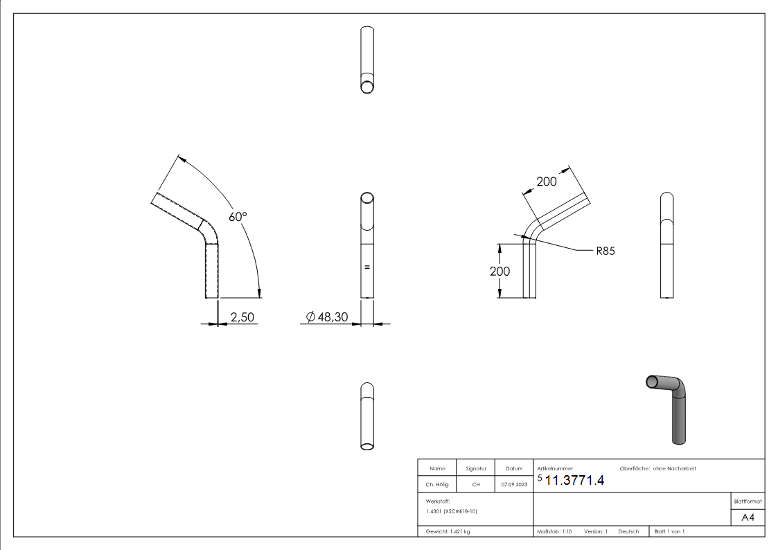 Coude 60° | à souder | en tube rond : Ø 48.3x2.6 mm | V2A