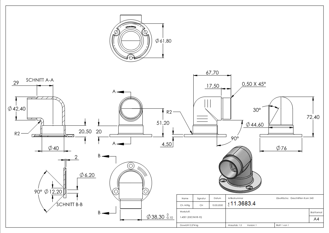 Support mural 90° court, pour tube rond Ø 42.4x2.0 mm V2A