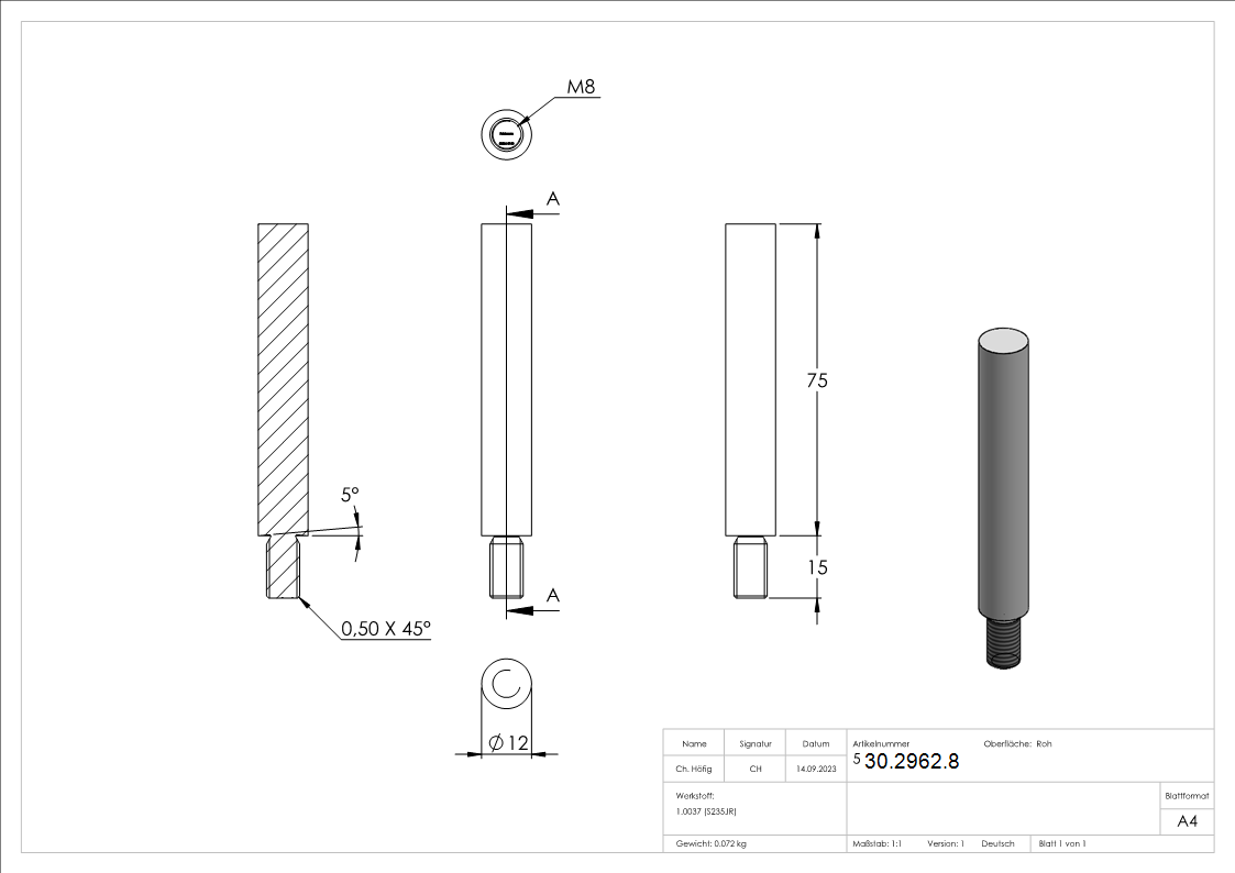 Goupille en acier | avec filetage M8 | dimensions : 75x12 mm | acier (brut) S235JR