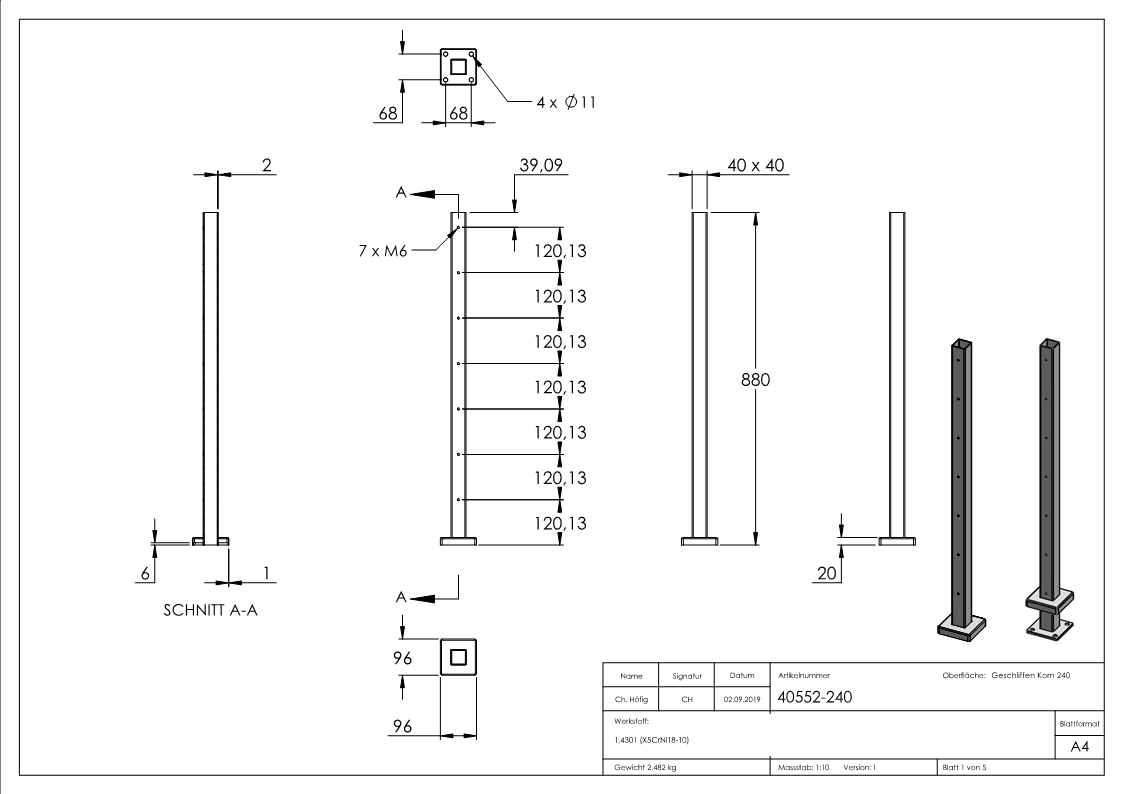 Poteau en acier inoxydable V2A pour montage au sol, longueur 880 mm