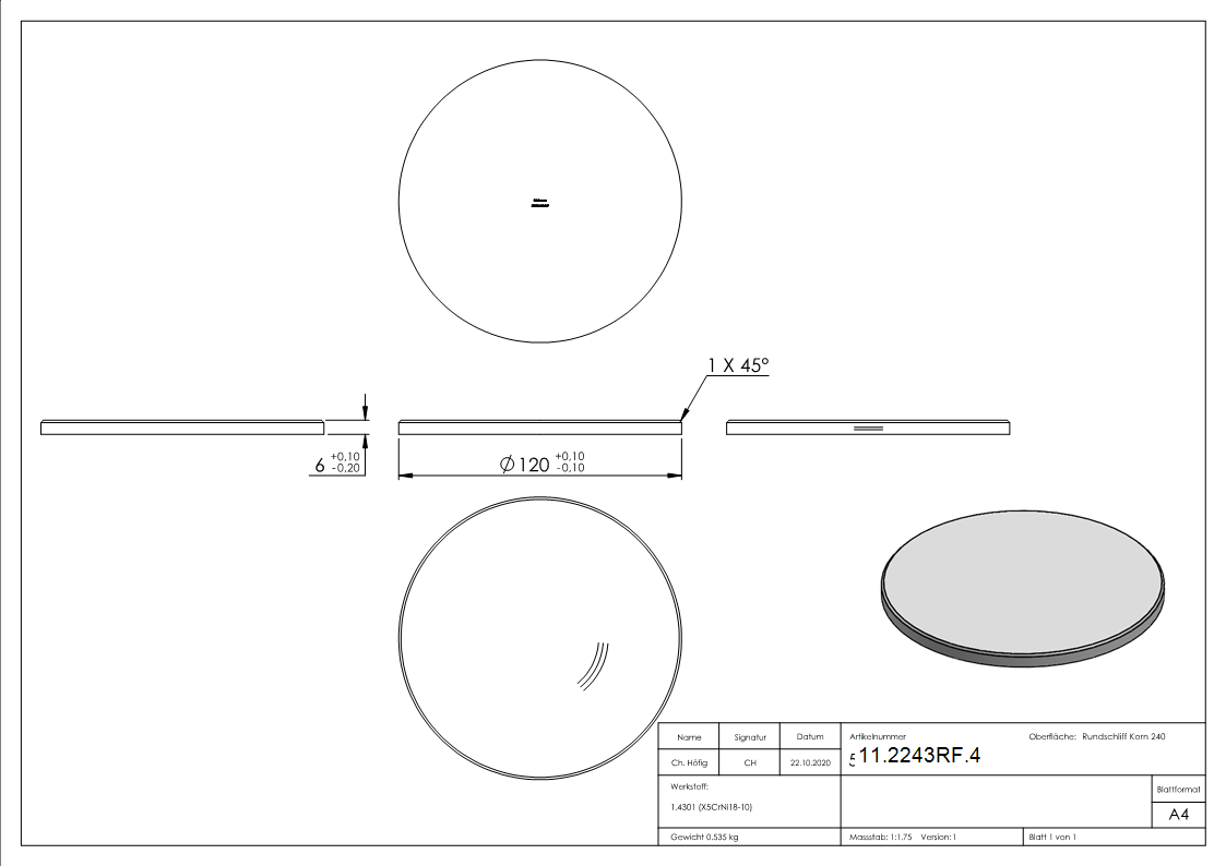Ebauche circulaire | dimensions : Ø 120x6 mm | avec biseau rond | V2A