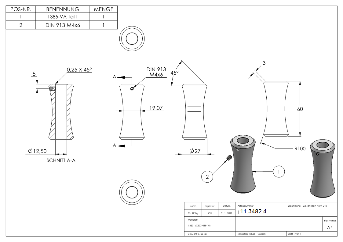 Manchon décoratif 60x27 mm avec trou 12,5 mm V2A