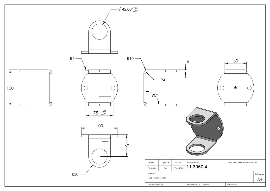 Fixation murale pour tube rond Ø 42,4 mm V2A