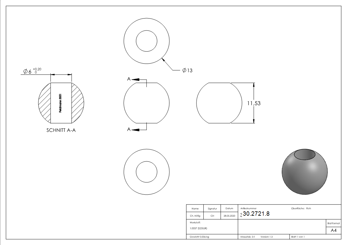 Bille d'annicier | Ø 13 mm tête | Ø 6 mm alésage | acier S235JR, brut