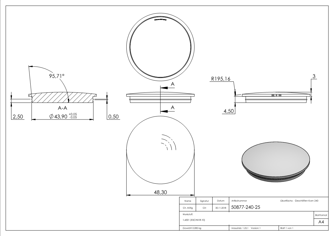 Bouchon légèrement bombé V2A pour Ø 48,3x2,6 mm
