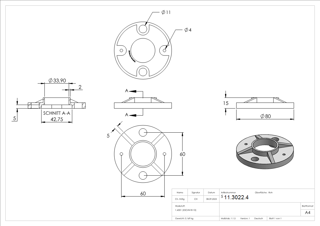 Plaque d'ancrage | dimensions : Ø 80x6 mm | pour tube rond : Ø 33,7 mm | V2A