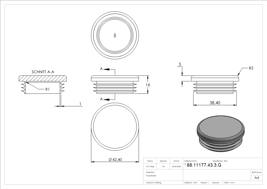 Capuchon en plastique pour tube rond 42.4mm
