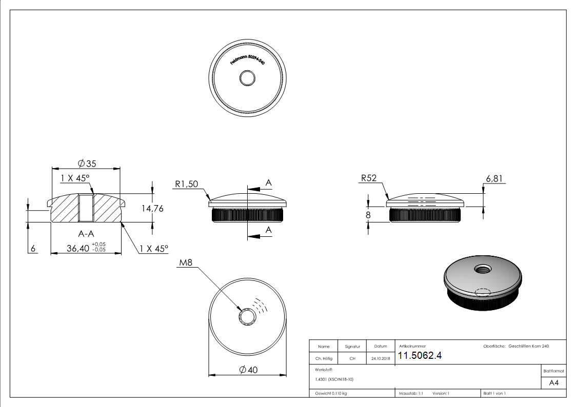 Bouchon légèrement bombé V2A matériau plein avec M8 pour Ø 40,0x2,0 mm