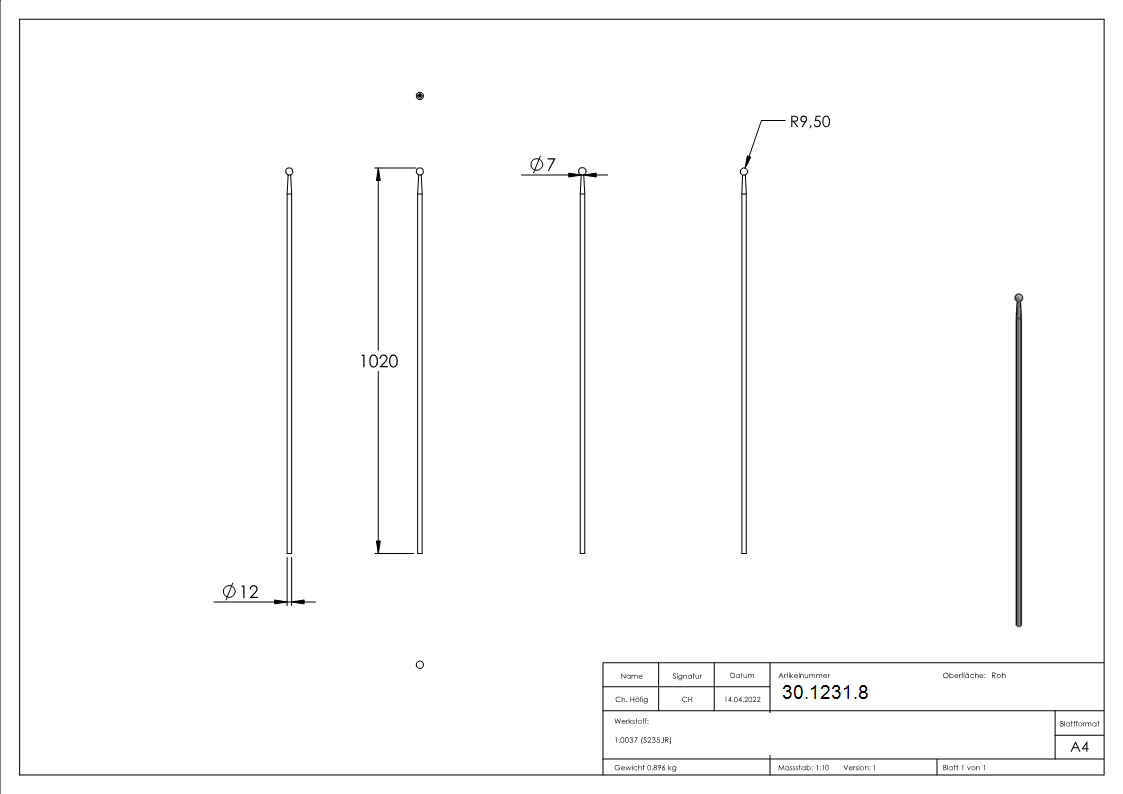 Rail de clôture | longueur : 1020 mm | matériau Ø 12 mm bille Ø 19 mm | acier S235JR, brut