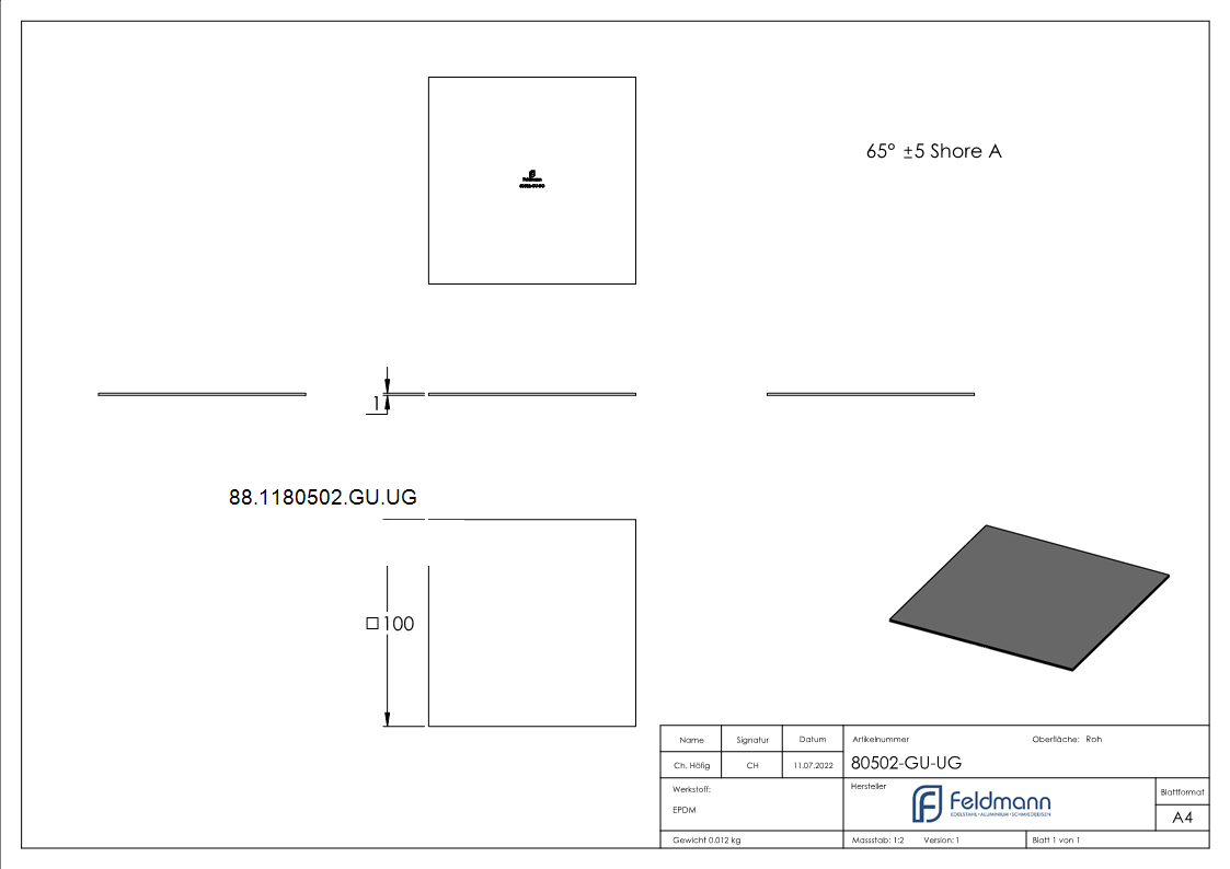 Sous-couche en caoutchouc 100x100x1mm, pour kit de caoutchouc 80502-GU