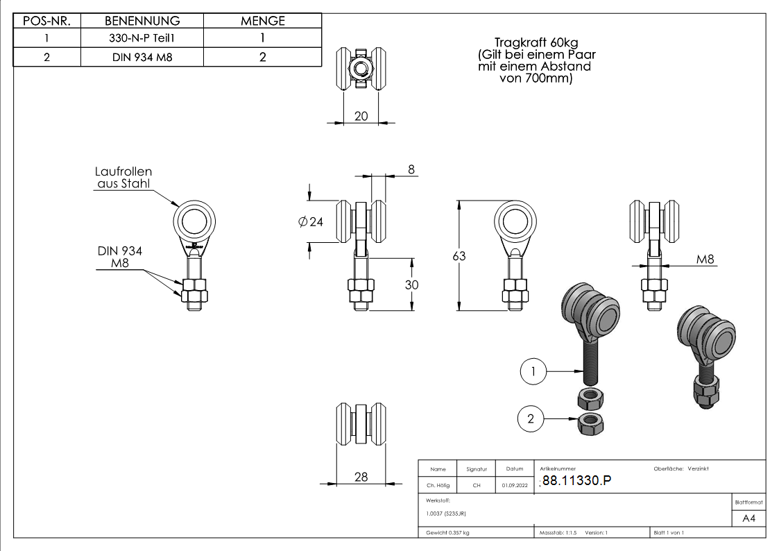 Rouleau avec roulement à billes