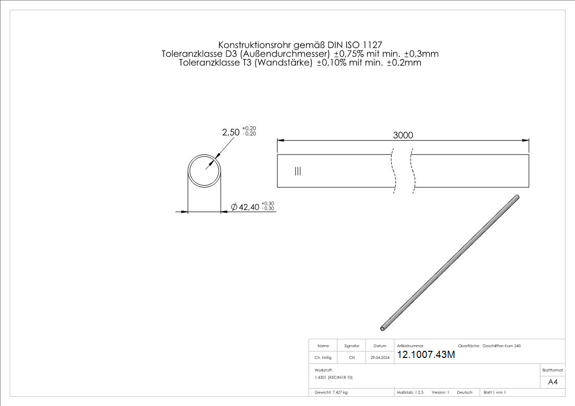 Tube rond Ø 42,4x2,6 mm á 3 m