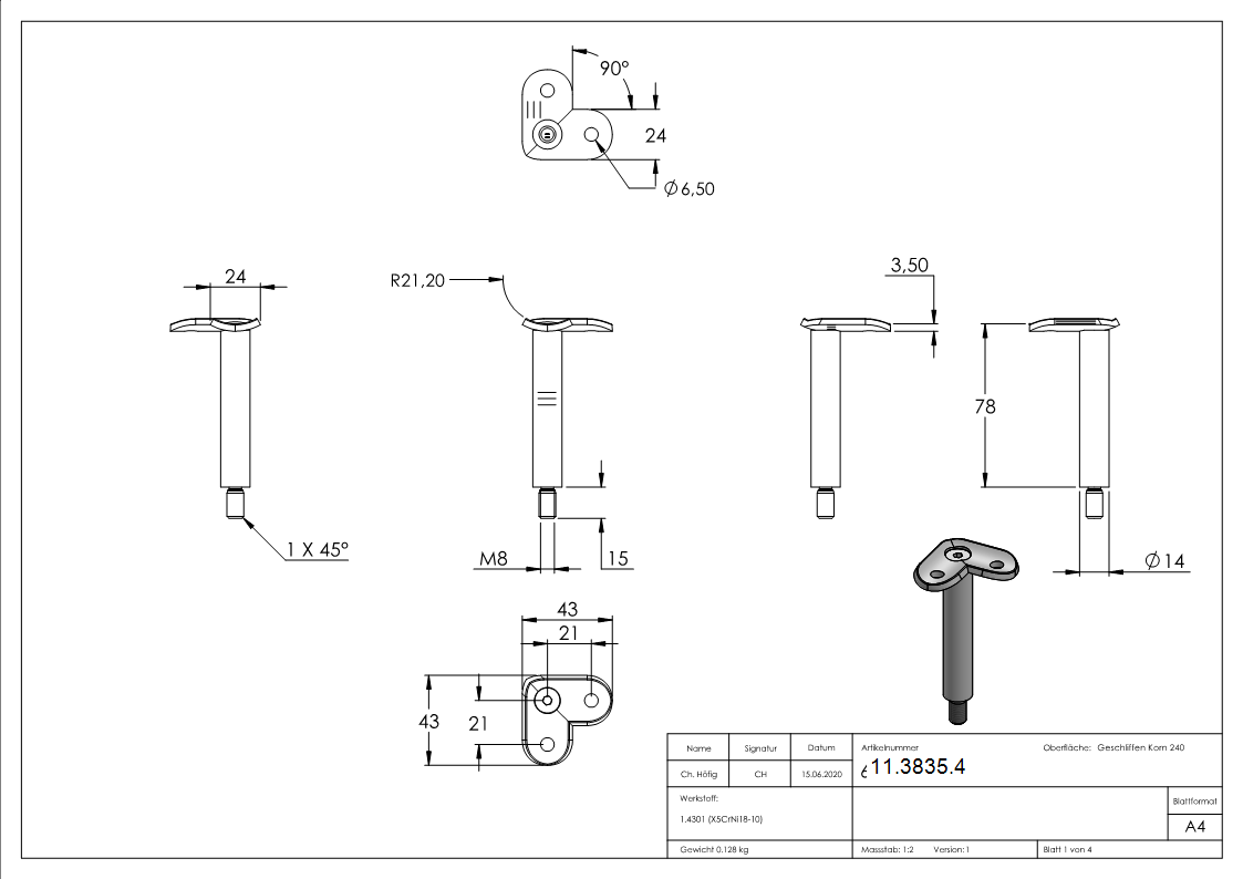 Goupille avec plaque de retenue 90° | Raccord : Ø 42.4 mm | V2A