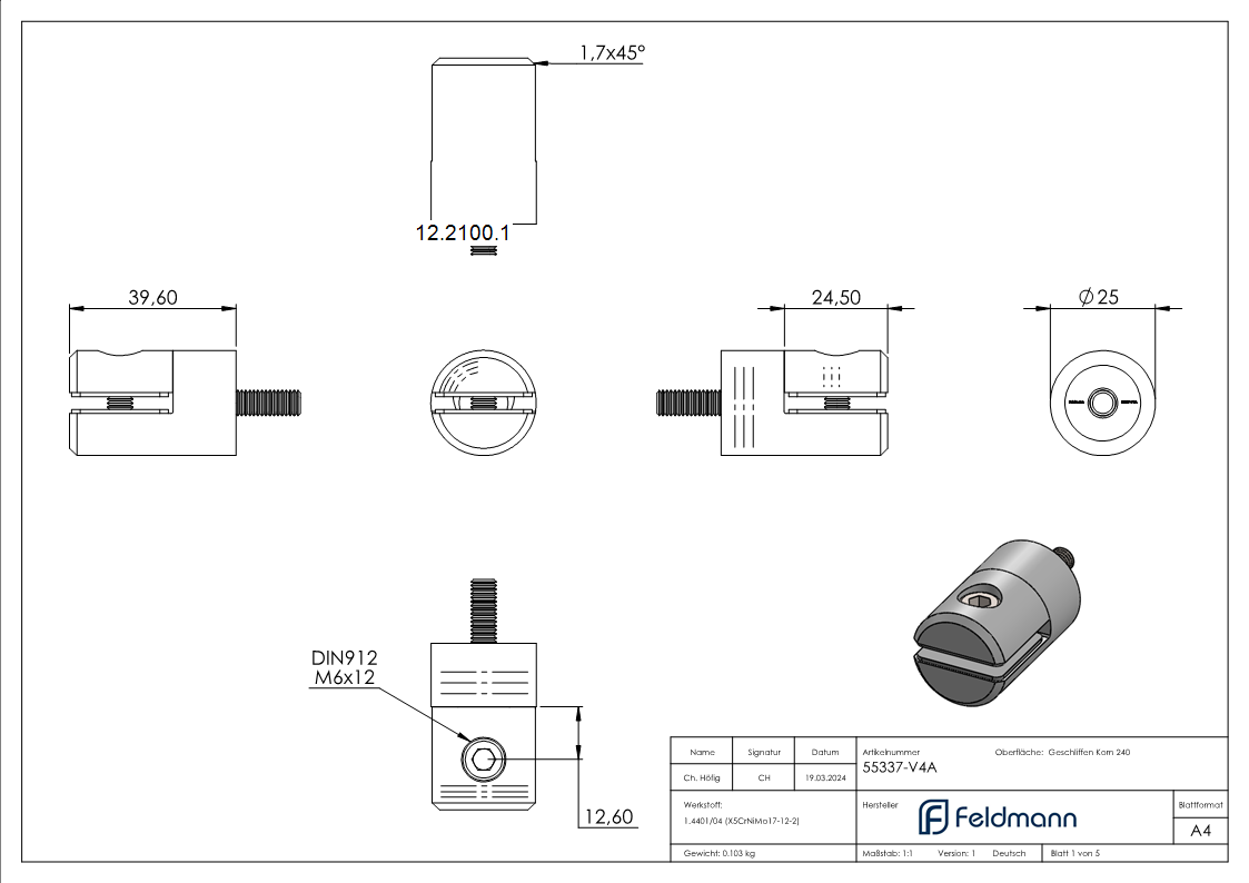 Support de tôle Ø 25 mm V4A pour connexion plate/droite