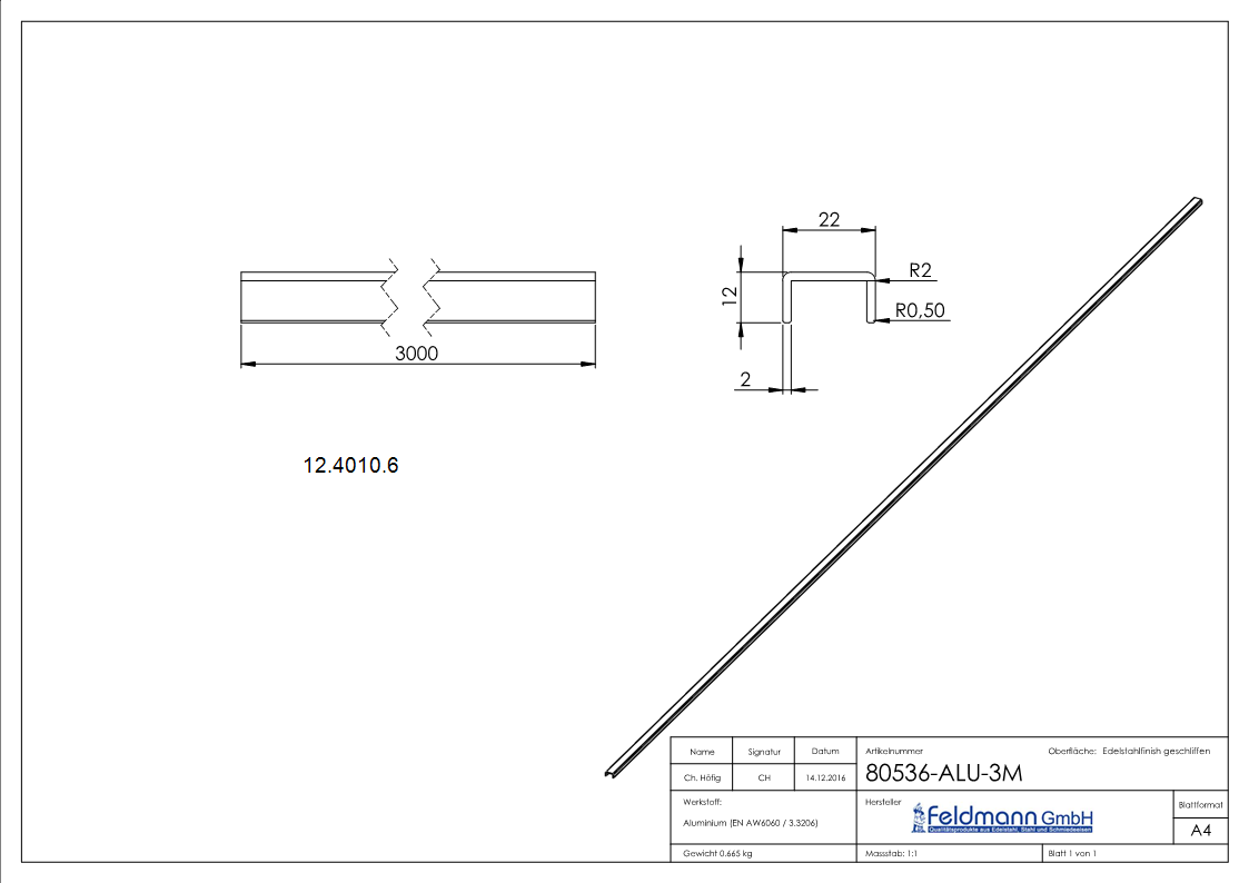 Protection des bords | Dimensions : 22x12x2 mm | Longueur : 3000 mm | Aluminium elox. E4/EV1