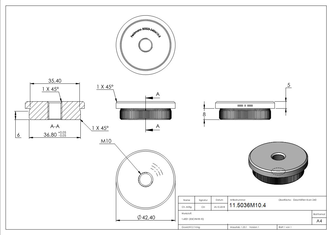 Bouchon plat avec M10 pour Ø 42,4x3,0 mm V2A matériau solide