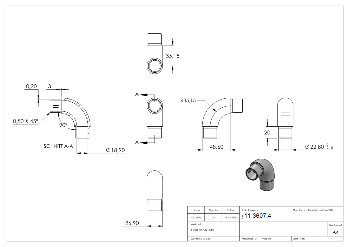 Coude 90° rond, pour tube rond Ø 26.9x2.0 mm V2A