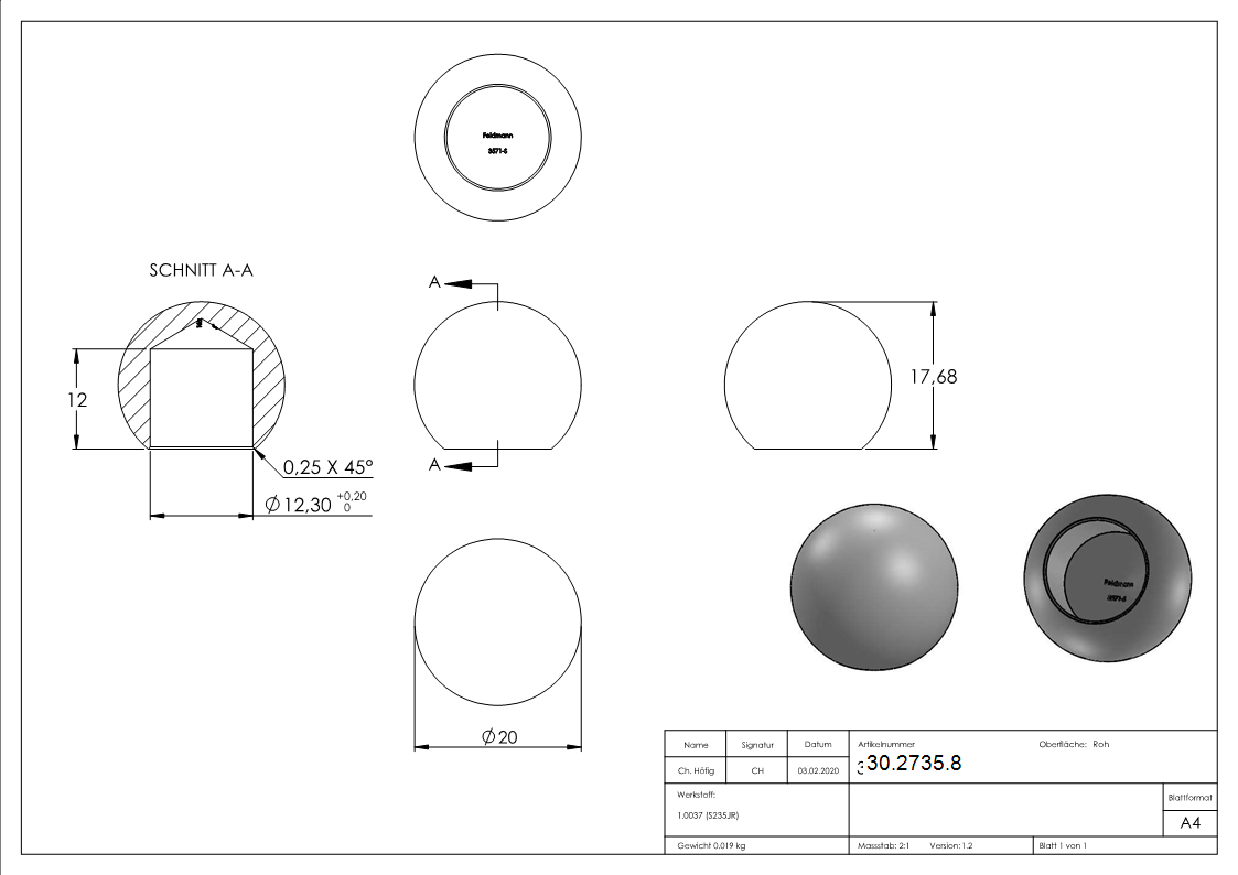 Boule Ø 20 mm | avec trou borgne 12,2 mm | acier S235JR, brut