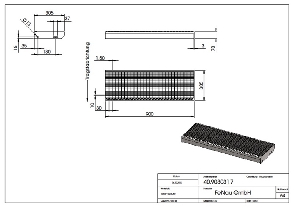 Marche en caillebotis Marche d'escalier | Dimensions : 900x305 mm 30/10 mm | S235JR (St37-2), galvanisé à chaud en bain complet
