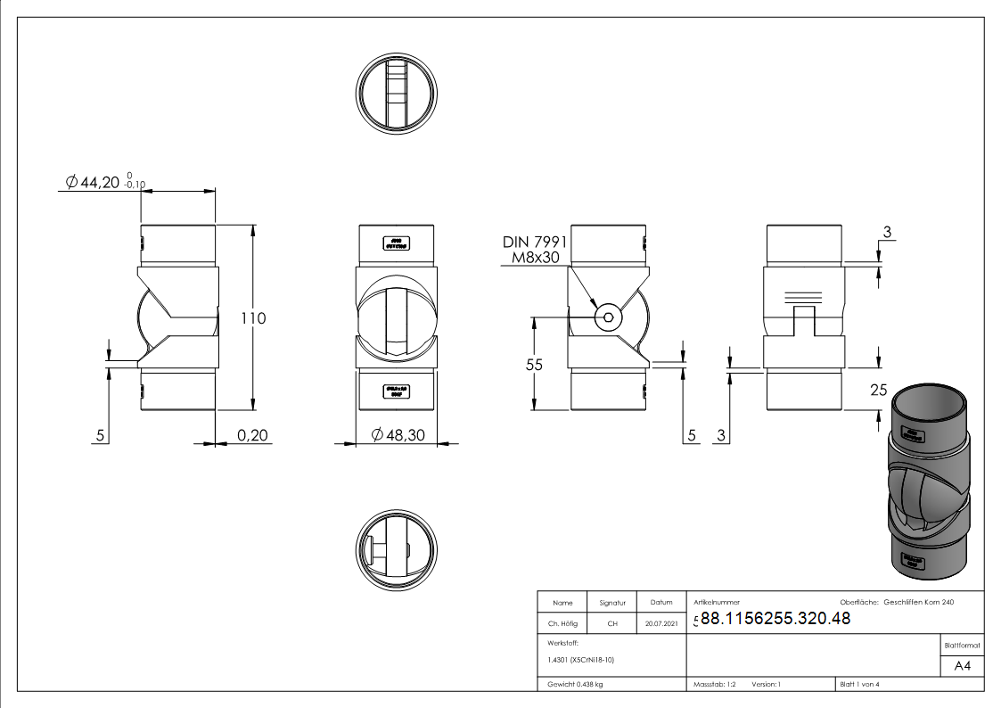 Pièce d'articulation creuse pour câble, pour tube 48.3 x 2.0mm