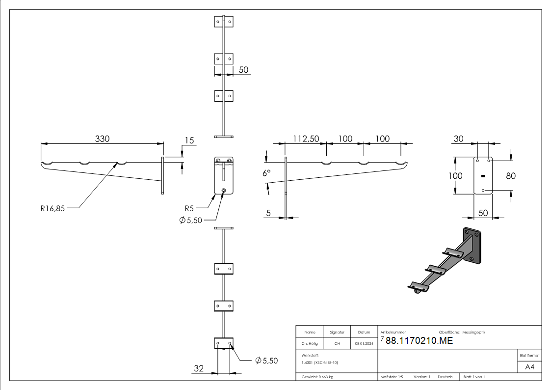 Support de glissière de plateau, pour tube 33,7mm, laiton