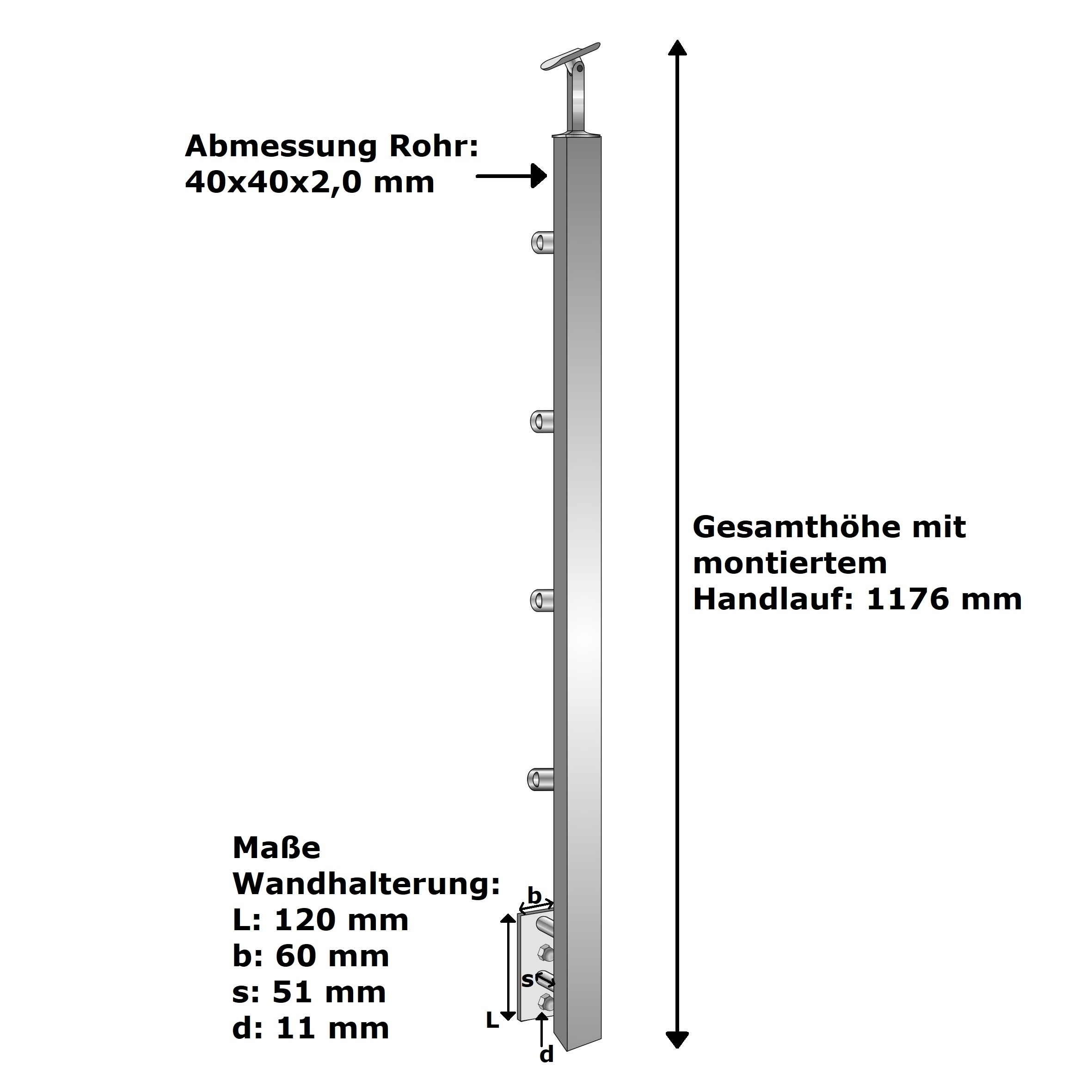 poteau de balustrade | poteau d'escalier | longueur : 900 mm | pour montage latéral | V2A