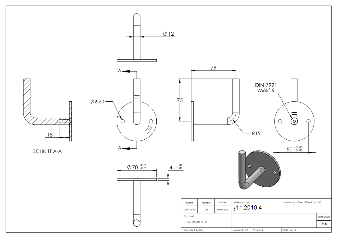 Support de main courante rond 70 x 4 mm avec support 12 mm V2A