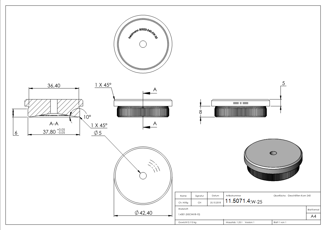 Bouchon plat V2A en matériau solide pour Ø 42,4x2,6 mm avec trou de drainage 5 mm