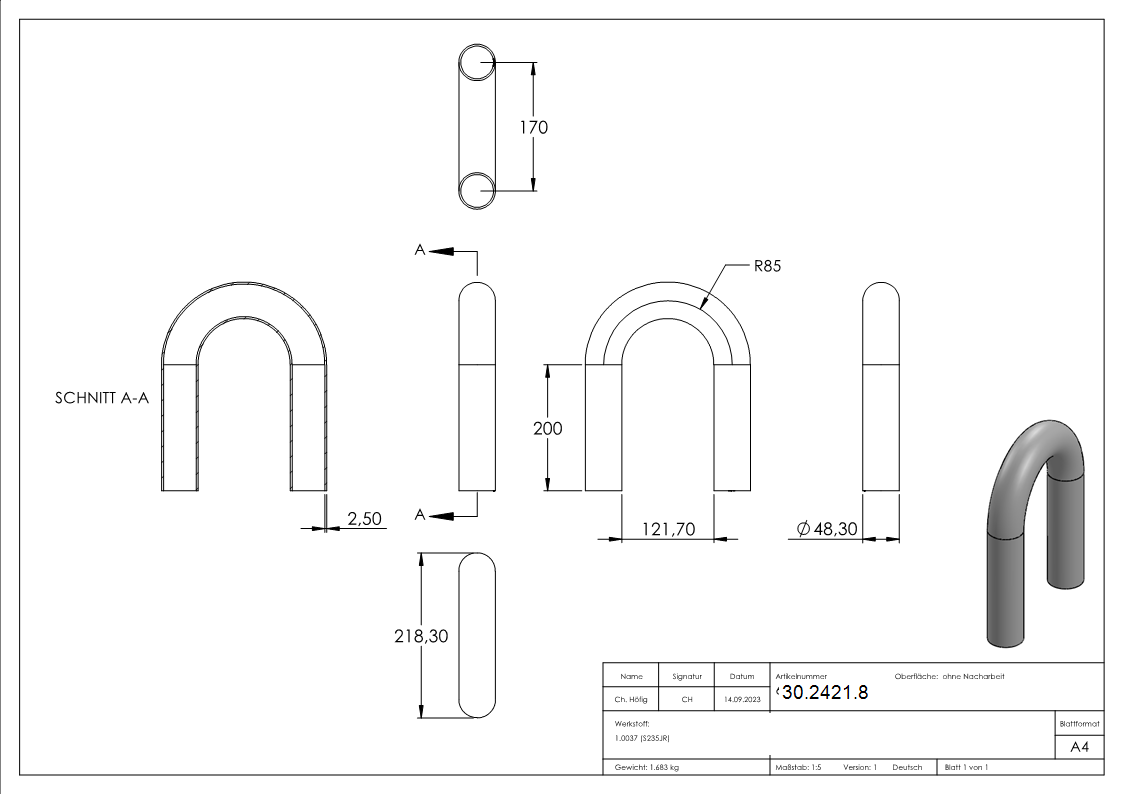 Cintrage de tube d'acier | 180° | 48.3x2.5 mm | Acier S235JR, brut