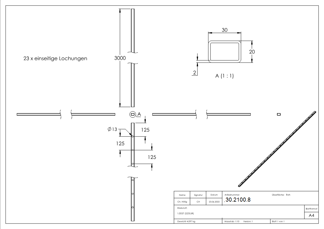 Tube rectangulaire | Dimensions : 30x20x2 mm | Longueur : 3000 mm | Acier S235JR, brut